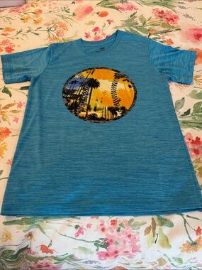 Tek Gear blue Heather Tee with Sunset Palm Graphic. Youth size L.